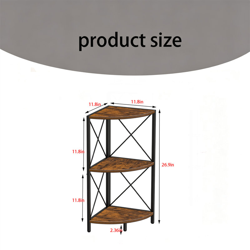Metal Frame Corner Shelf, 3-Tier Rustic Corner Storage Organizer, Freestanding Corner Bookshelf Display Stand for Kitchen, Living Room