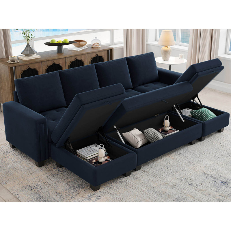 Shavera Velvet Reversible Sectional Sofa Bed Convertible Modular Sleeper Couch With Storage Ottoman, Blue