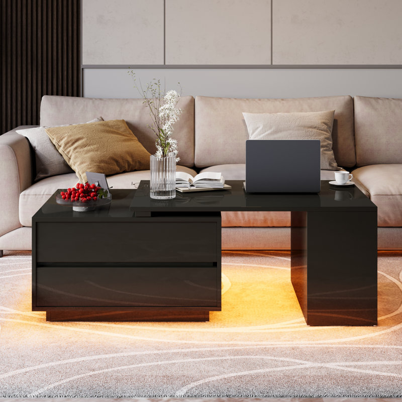  35"- 60" Extandable LED Coffee Tables With Storage 4 Drawers & Open Shelves, Black