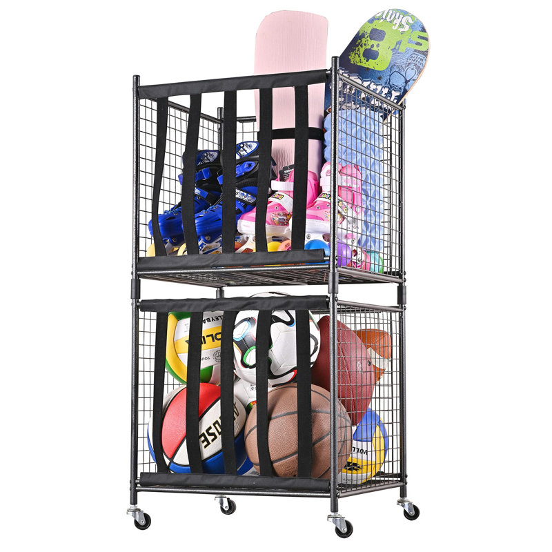 Ball Storage Locker With Elastic Straps, Stackable Ball Cage For Garage Storage Garage Organizer
