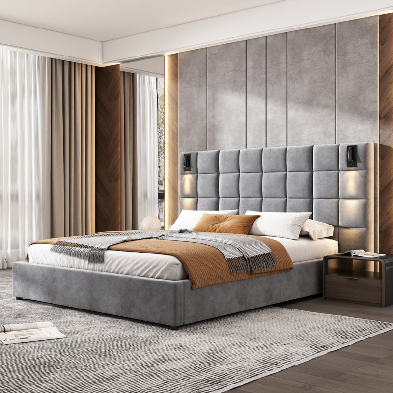 Structure de lit grand format, avec applique murale et port USB, tête de lit large, velours, gris