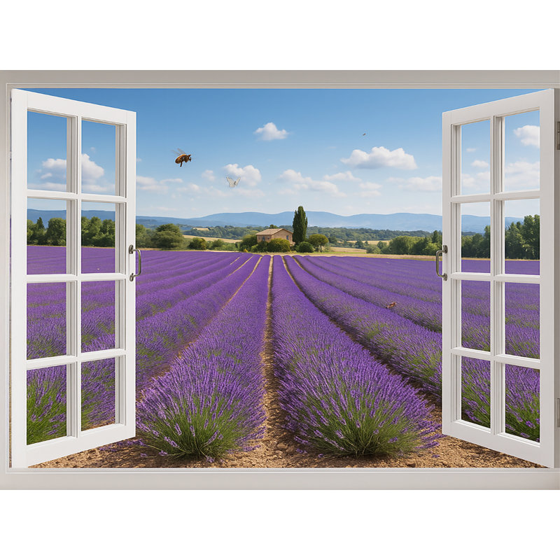 Brise de lavande - champ de lavande en fleurs à travers un cadre blanc, H 30 po x l 40 po