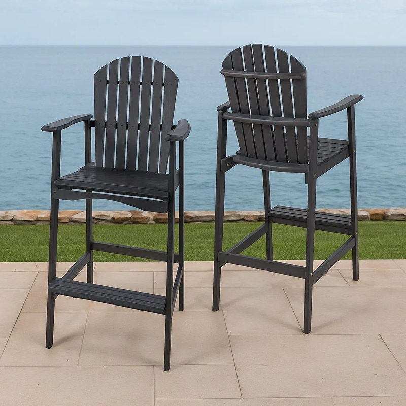 Ensemble de 2 tabourets d'extérieur, dossier à lattes rustique, bois gris foncé