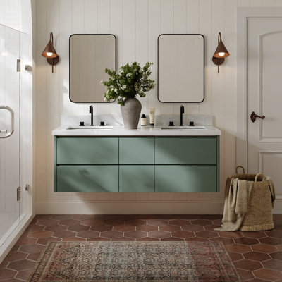   Setsuko 61 Inch Wall-Mounted Double Rectangle Sink Bathroom Vanity with Carrara White Marble Countertop 1.5 Inch in Vintage Green