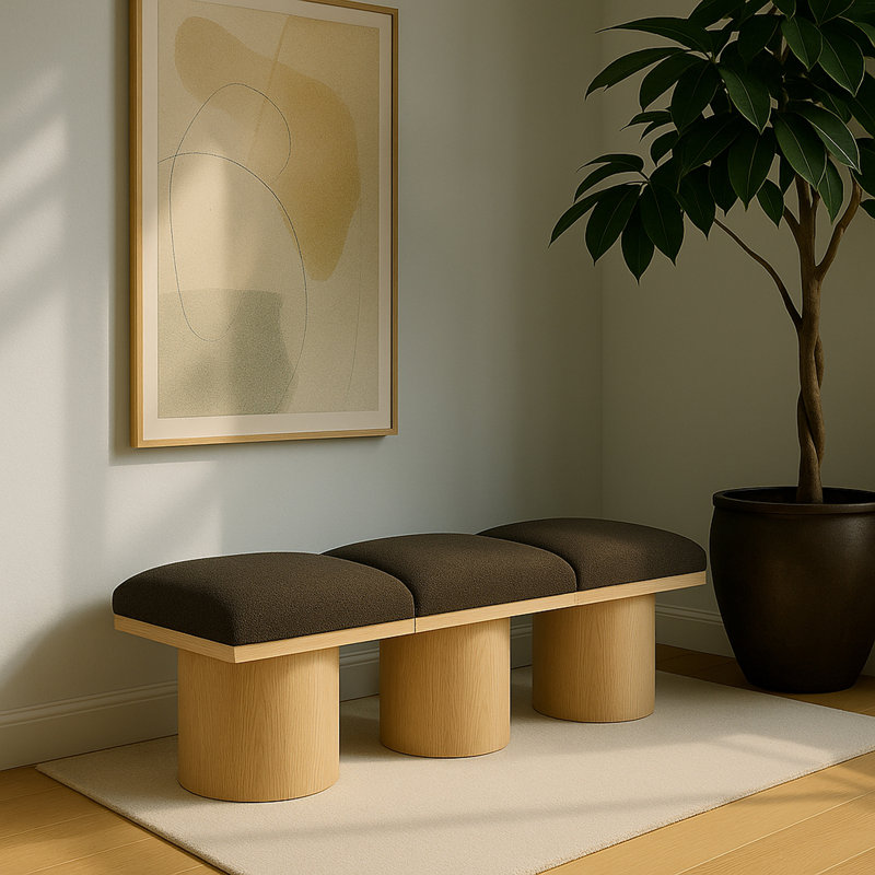 Banc rembourré Husnan, H 17,5 po x l 54 po x P 15,5 po, Tissu brun bouclé, Naturel