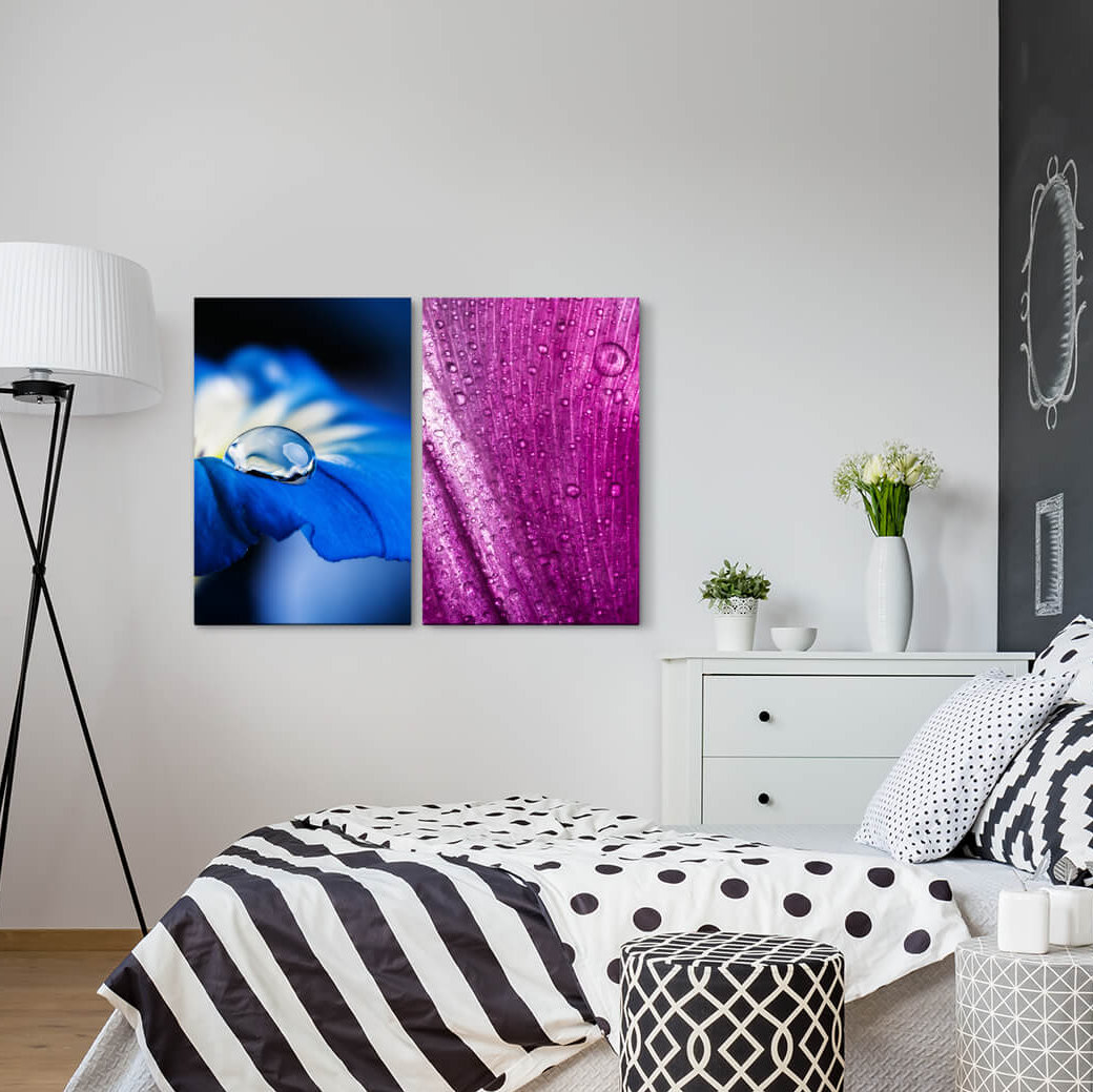 2-tlg. Leinwandbilder-Set - Fotografie „Flower Blue Blossom Water Drops Summer Calming”