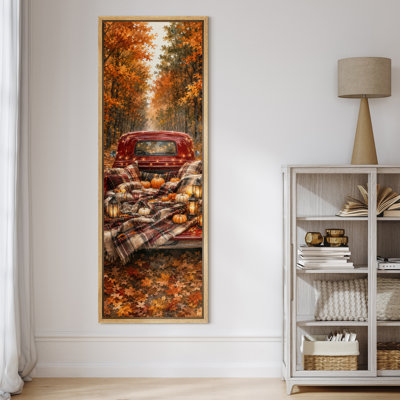 Décoration murale rétro, camion rouge, automne, citrouille, forêt - grande toile encadrée, chambre des maîtres