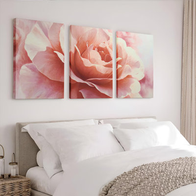 Ensemble de 3 reproductions de peinture à l'huile sur toile tendue à motif floral sur toile rose pour salon
