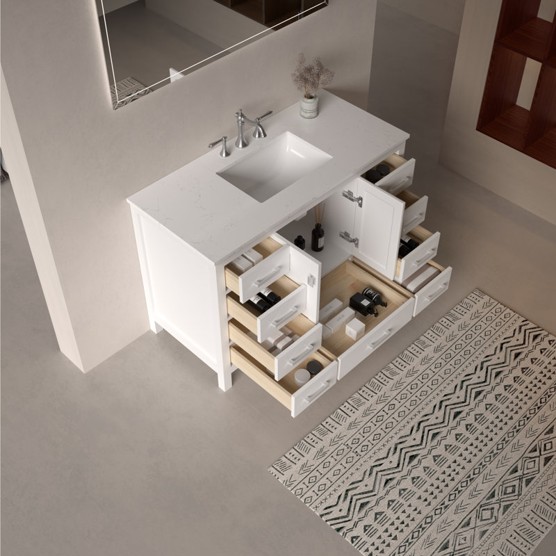 Meuble-lavabo simple 48 po blanc mat avec comptoir en céramique blanc brillant, 9 tiroirs, 2 portes.