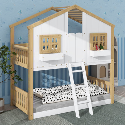 Twin-Over-Twin House-Themed Bunk Bed With Roof, Window, Door, Safety Guardrails