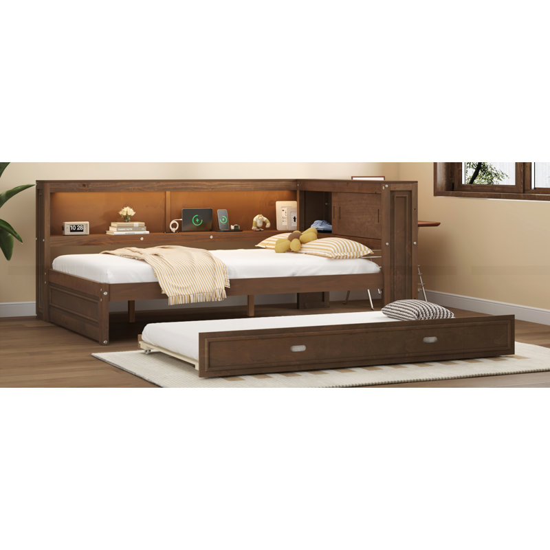 Lit de jour avec tablettes de rangement, USB, DEL et lit gigogne, Bois