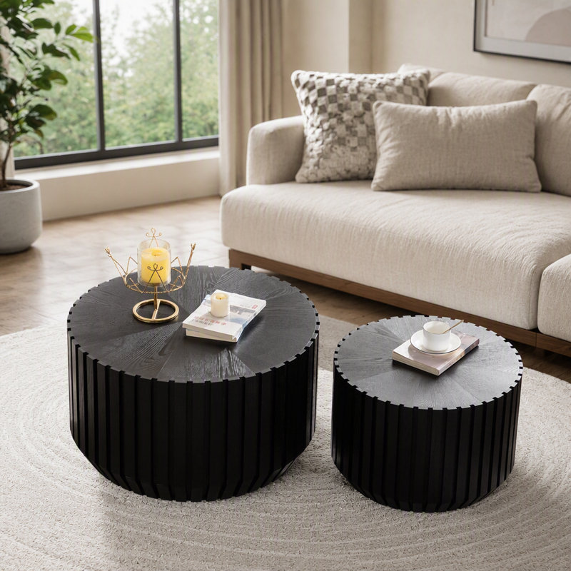 Ensemble de 2 tables basses cannelées noires - Tables d'appoint rondes en bois massif et MDF (68 cm/50 cm) pour petits espaces, entièrement assemblées, tables de chevet pour salon/chambre