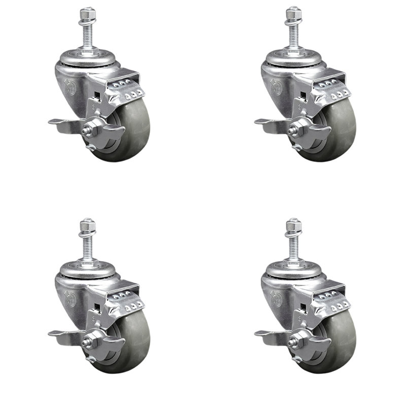 Ensemble de roulettes à tige filetée 3,5 po en polyuréthane pivotant 3,5 pouces SS, Gris
