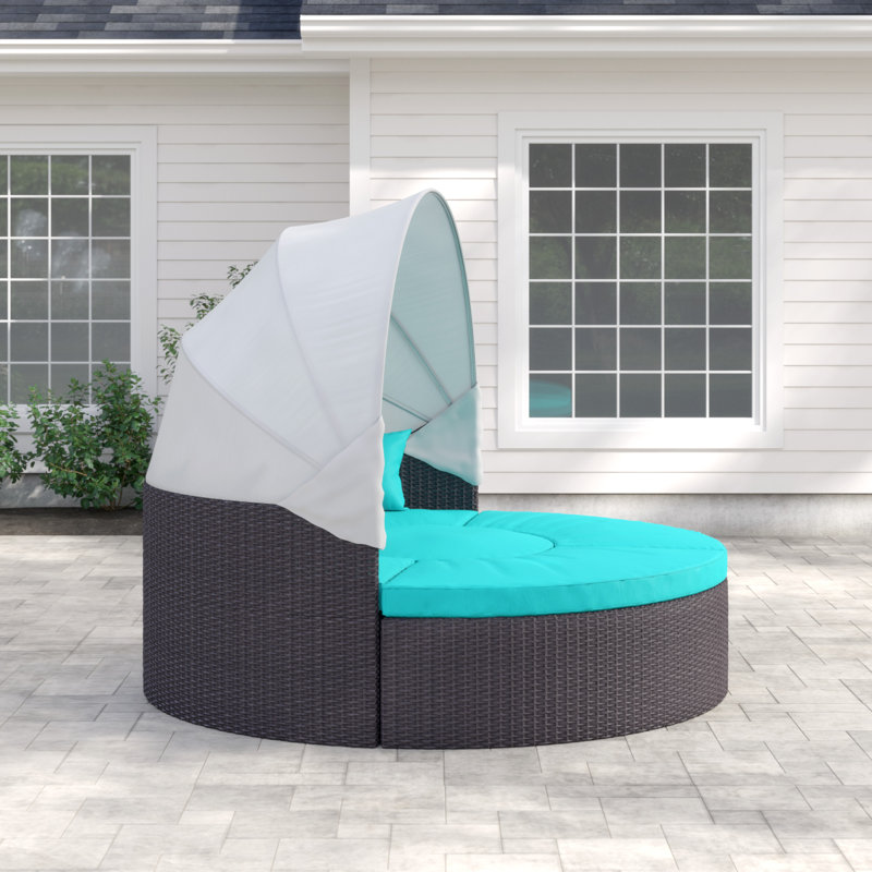 Convene Wicker Rattan Outdoor Patio Canopy Sectional Daybed, Turquoise