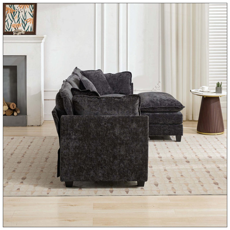 Canapé modulaire 3 places à double couche en chenille, Noir