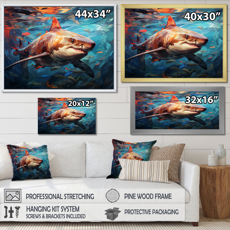 Bleu sarcelle, requin, océan, danse, géométrique, Cadre flottant noir, H 16 po x l 32 po x P 1 po