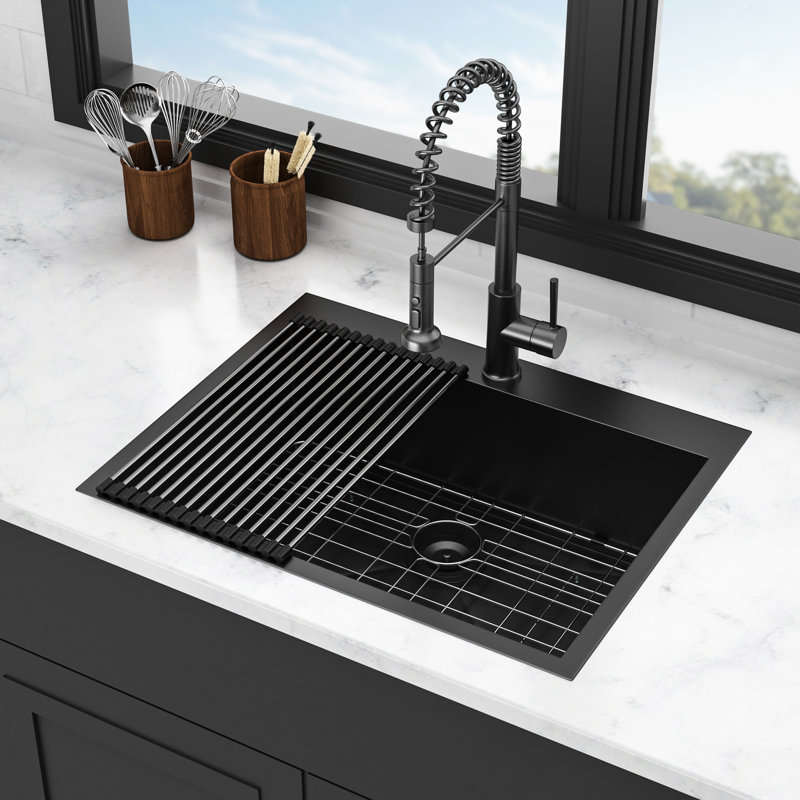 28"X22" Kitchen Sink Drop In Gunmetal Black - 18 Gauge Stainless Steel, , 3.5" Drain Opening, Easy Maintenance 28X22 High Strength, Water ,