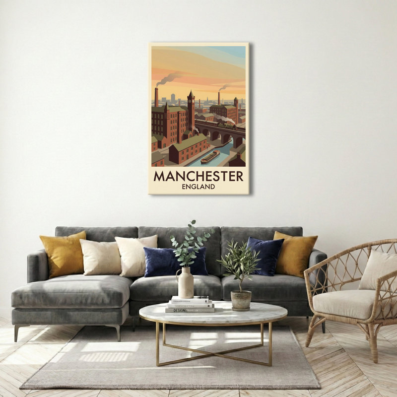 Manchester, England - Romantic Industrial Skyline Travel Poster. Giclee Print On Wrapped Canvas. Wall Art, Home Decor - Cities & Towns, England - Wrapped Canvas Print