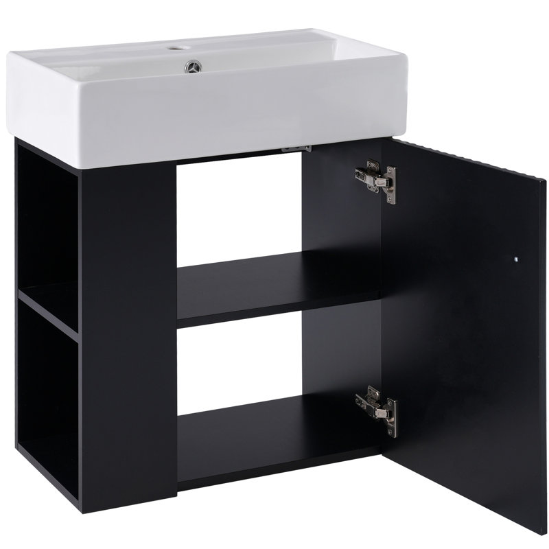 Armoire de salle de bain moderne avec lavabo en céramique - 21,6 po, rangement à gauche, meuble-lavabo noir Tempt, Black