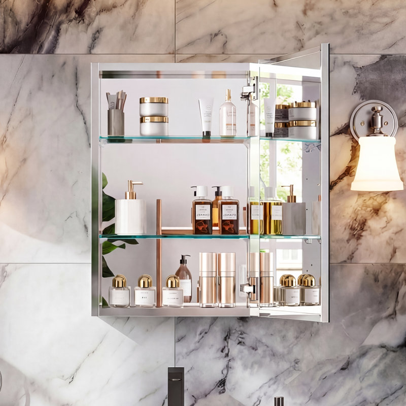 Pharmacie l 16 po x H 24 po sans miroir avec miroir sans cuivre | Miroir en verre antidéflagrant | Tablette réglable en verre | L'installation encastrée et l'installation en surface sont toutes deux disponibles | Porte à fermeture douce