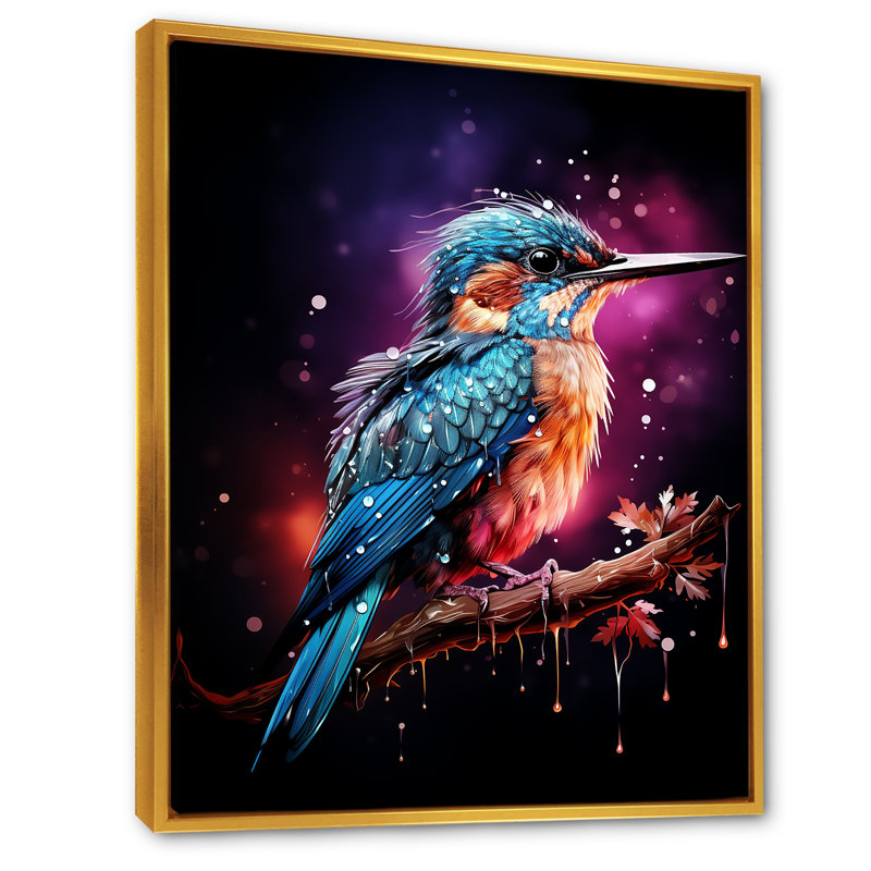 «Blue Humminbird Twilight - Colibri», art mural, Cadre flottant doré, H 40 po x l 30 po x P 1,5 po
