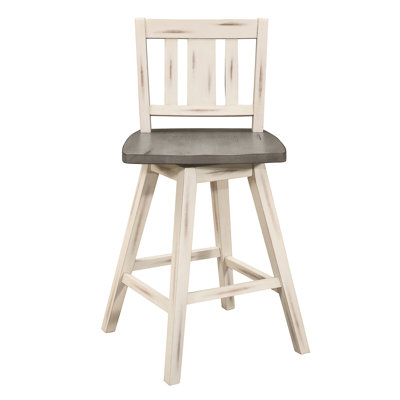 2 Solid Rubberwood Counter Height Chairs, White Gray, 360-Degree Swivel, Vertical Slat Back, Rustic Dining Vitality 2 - Rubberwood, 360 Spin