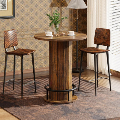 Table de bar ronde de 40 po, table bistro haute pour bar et cuisine, table basse haute avec repose-pieds, noyer rustique