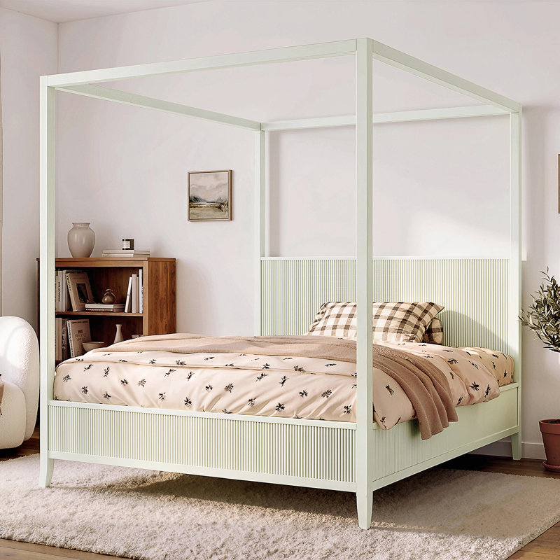Grand lit plateforme à baldaquin en bois avec lattes de support, Beige, Queen