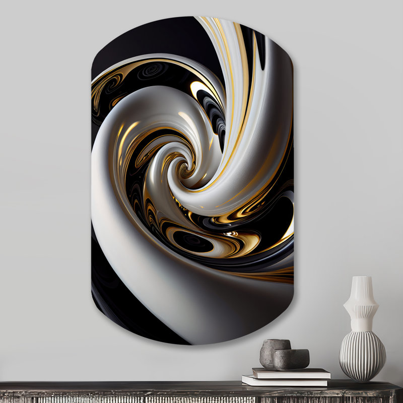 Gold Black And White Stained Glass III - Abstract Spirals Asymmetrical Metal Wall Art, Modern Cylinder Metal Art Print