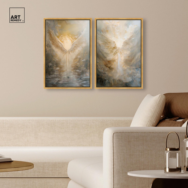 Ensemble de décoration murale bohème « Elysian Feathers Duet » sur toile dorée par Art Remedy, cadre noir, 10 x 15