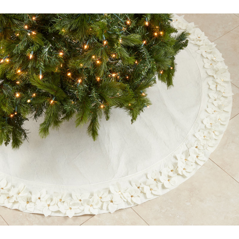 White Felt Floral Appliqué Christmas Tree Skirt