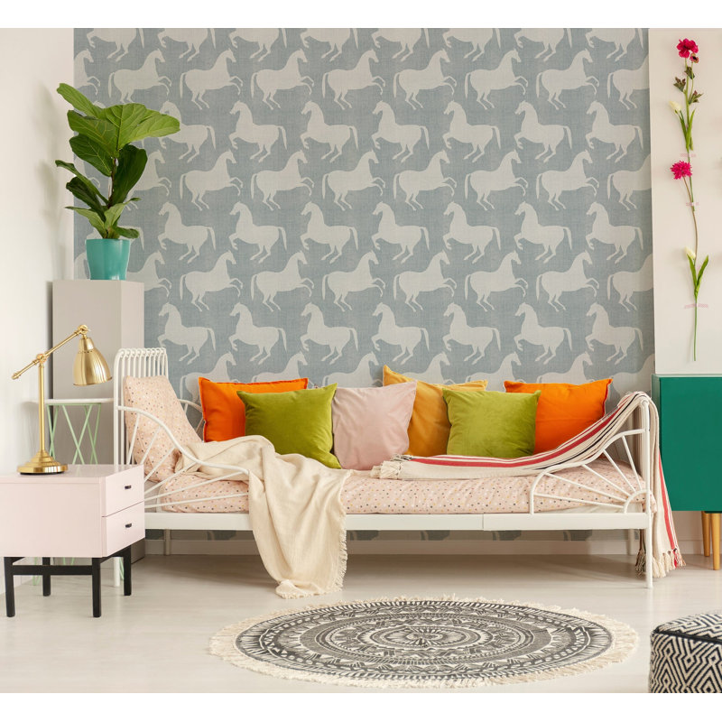 Horses 10' L x 24" W Wallpaper Roll, Pewter Blue, Faux Grasscloth, Non-pasted