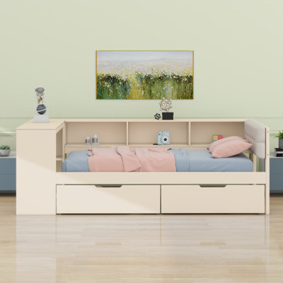Platform Bed With Storage Shelves, Drawers, Charging Station And Upholstered Headboard