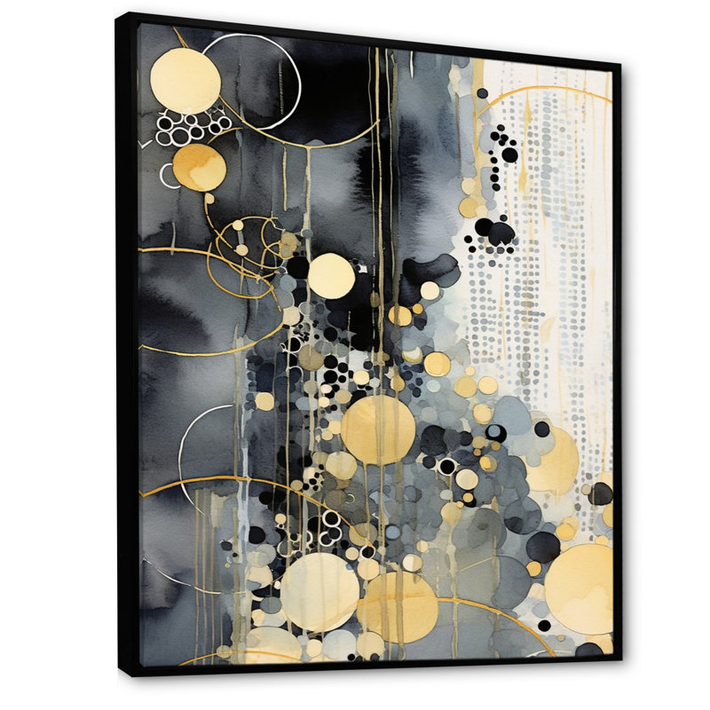 Abstrait pastel avec taches bleues noires et dorées, Cadre flottant noir, H 20 po x l 12 po x P 1 po