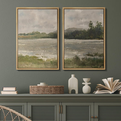 «Quiet Lakeside Morning Peaceful Nature Scene», 2 pièces sur toile