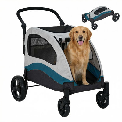 Collapsible Dog Stroller for Large Dogs Up to 160 Lbs, All-Terrain Pet Stroller Wagon with 360 Swivel Wheels, Adjustable Handle, Breathable Mesh, 3 Entrances, Washable Liner - Red