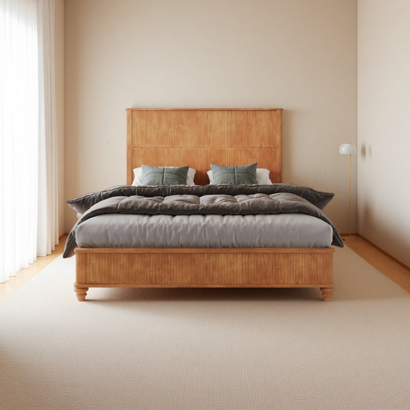 Base de lit plateforme avec tête de lit, grand lit en bois naturel, aucun sommier requis, Queen, Naturel
