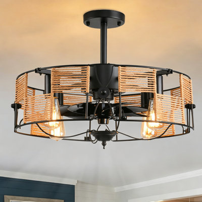 Ventilateur de plafond lustre en cage en rotin de 19 po à 4 lumières avec ensemble d'éclairage et télécommande Boho