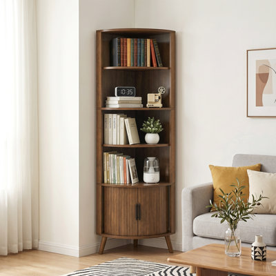 Étagère d'angle à 5 niveaux, bibliothèque d'angle de 67 po de hauteur, étagère d'angle autoportante en bois avec portes coulissantes et tablettes ouvertes, gain de place, armoire de rangement d'angle moderne pour le salon, la cuisine, le bureau