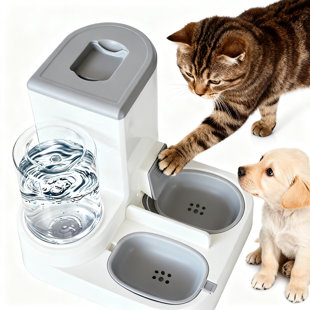 Automatic Cat And Dog Feeder With Stainless Steel Bowl, 2-In-1 Gravity Food And Water Dispenser, All-In-One Set (Gray)