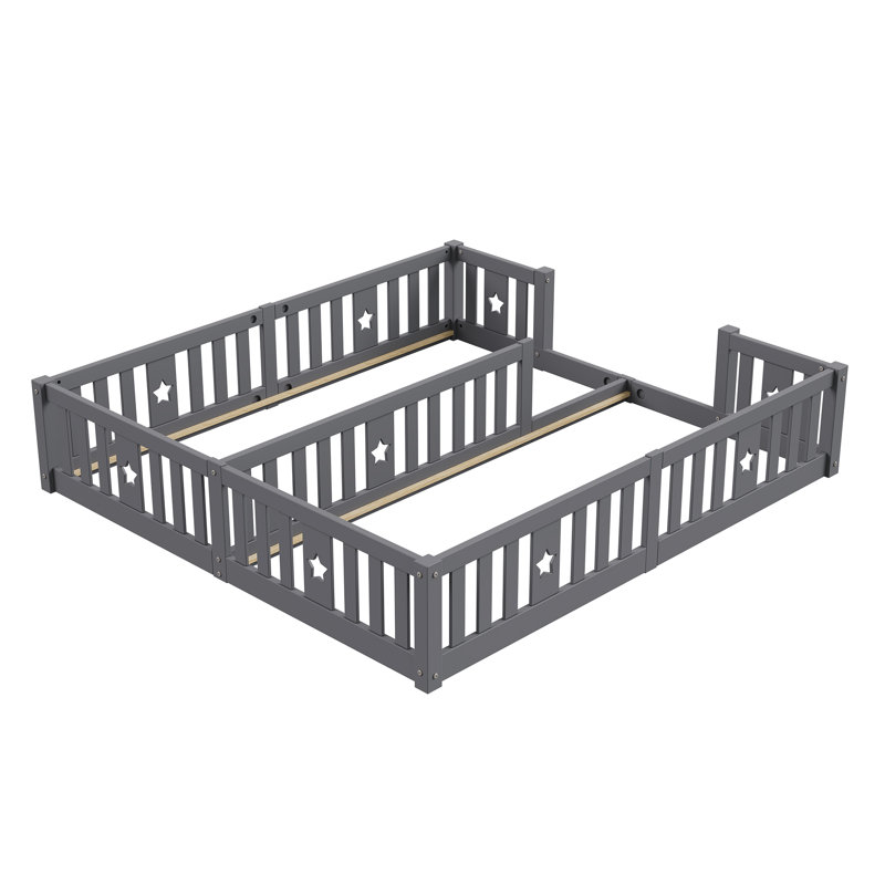 Solid Wood Montessori Floor Bed With Star Guardrails, For Two 90X200cm European Single Beds, Twin Kids Playpen Bed, Grey, No