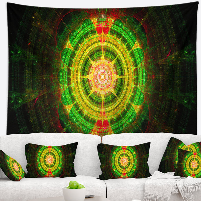 Tapisserie sphère abstraite à sphère fractale vert vif, H 50 po x l 60 po