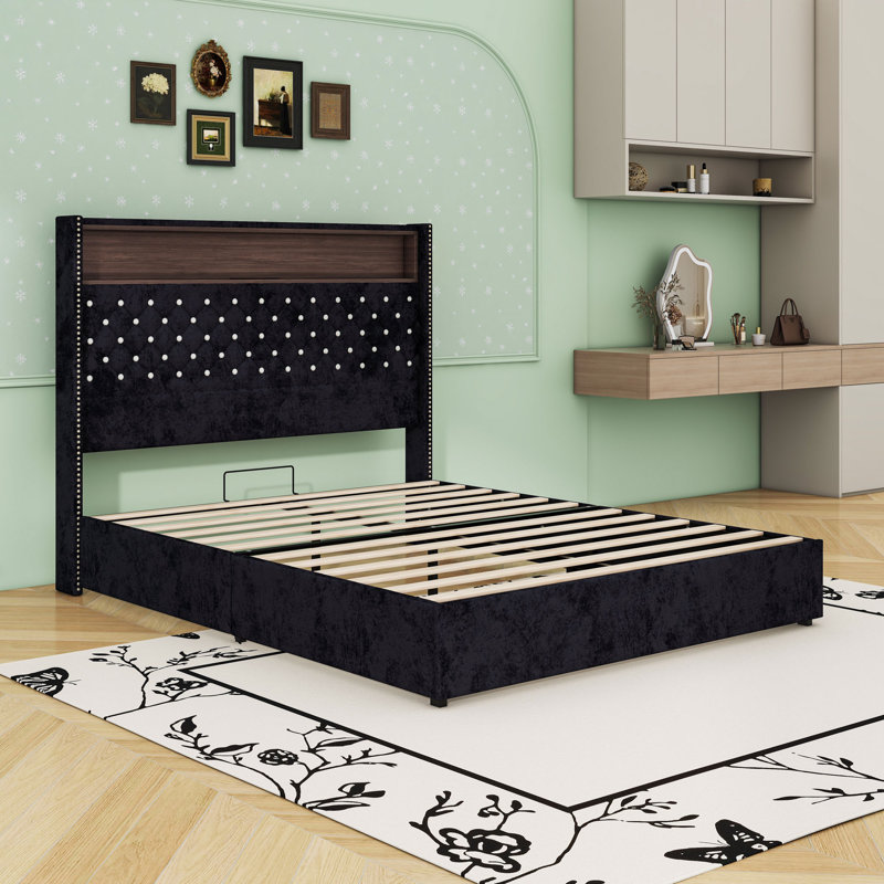 Lit plateforme tapissier avec port USB et veilleuse, Noir, Grand