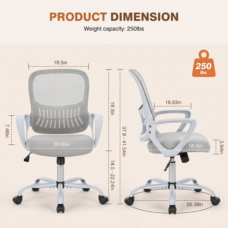Chaise de bureau ergonomique en maille avec dossier profilé, hauteur réglable et pivotante à 360°, Main courante fixe, Gris