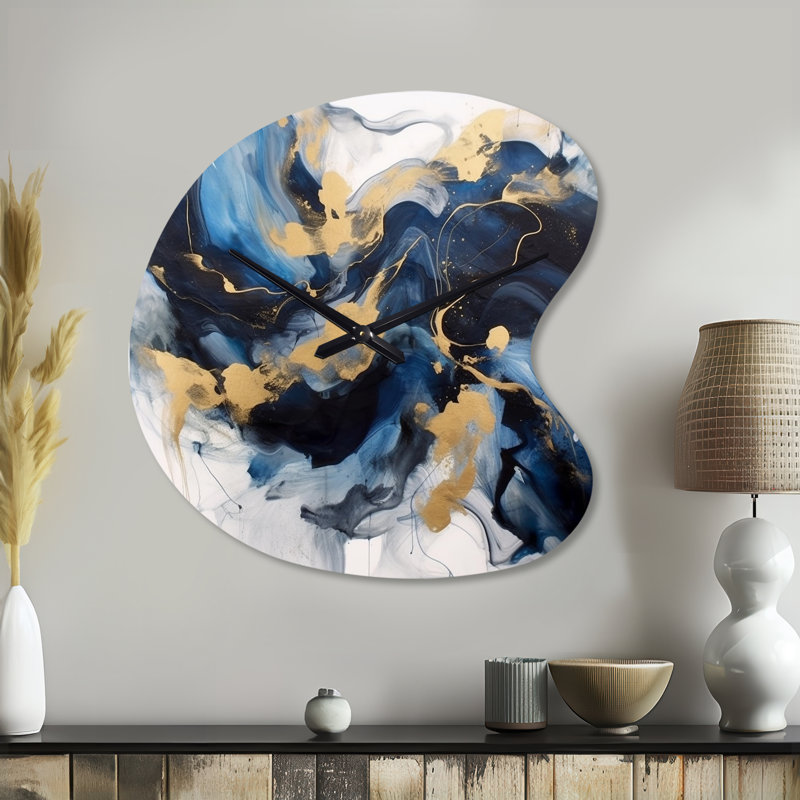 Dark Blue and Gold Strokes XII - Fractals Asymmetrical Metal Clock, Blue Unique Shape Wall Clock Print, Small