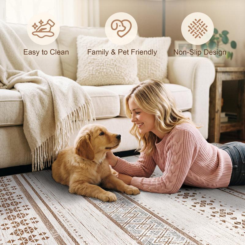 Geometric Pattern Non-Slip Area Rug, Machine Washable Soft Polyester Floor Mat for Home Decor, Rectangle 5'x7', Creambrown