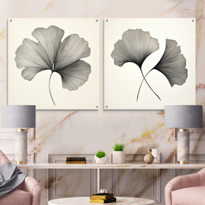 Grey And White Ginkgo Minimalist Leaves - Leaves Acrylic Wall Art Glass Set Of 2