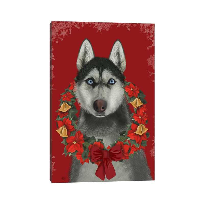 Husky And Poinsettia Wreath by Fab Funky - Wrapped Canvas Gallery-Wrapped Canvas Giclée, 66.04 cm H x 45.72 cm W x 1.91 cm D
