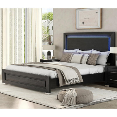 Wooden Bed With Led Headboard In Black