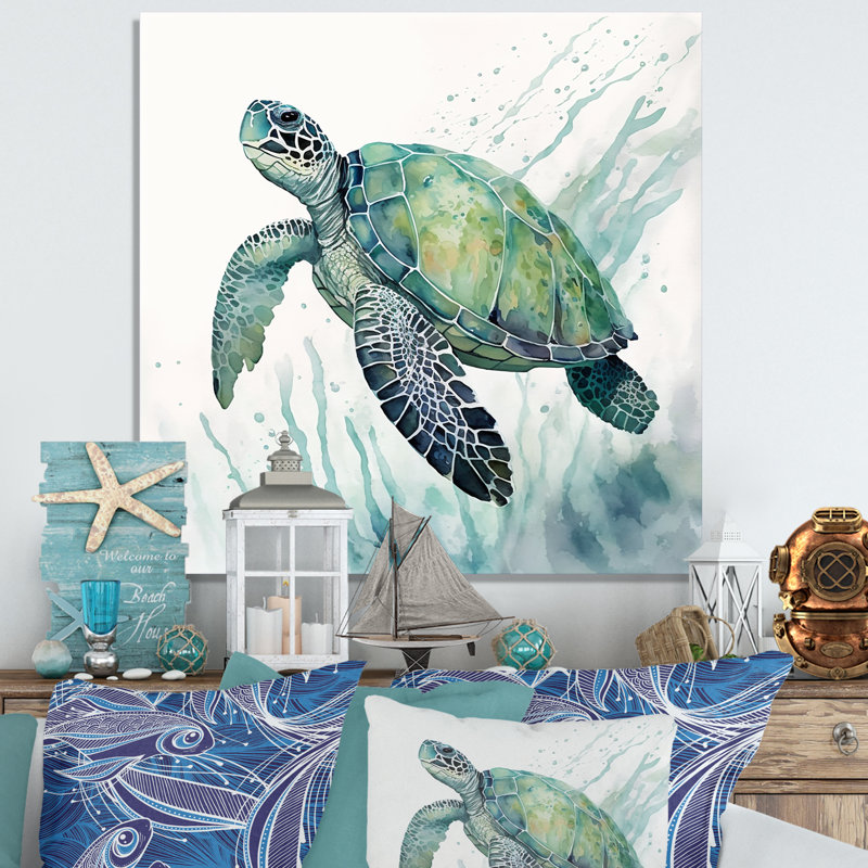 Aquarelle de tortue nageant IV - tortue, art mural, H 16 po x l 16 po x P 1 po, Toile tendue